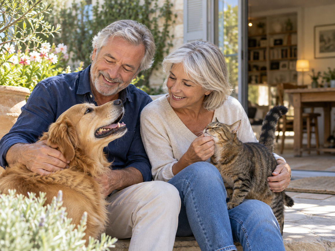 Un couple de retraités souriants prend soin d'un chien et d'un chat sur la terrasse d'une maison.