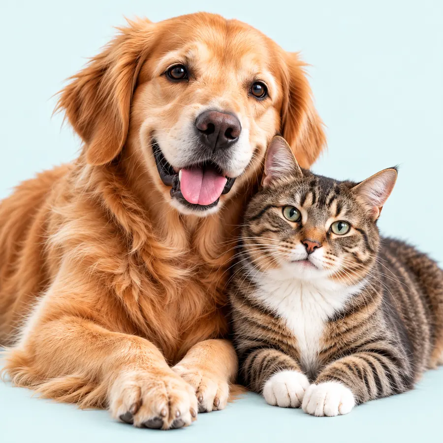 Golden Retriever et chat tigré couchés côte à côte