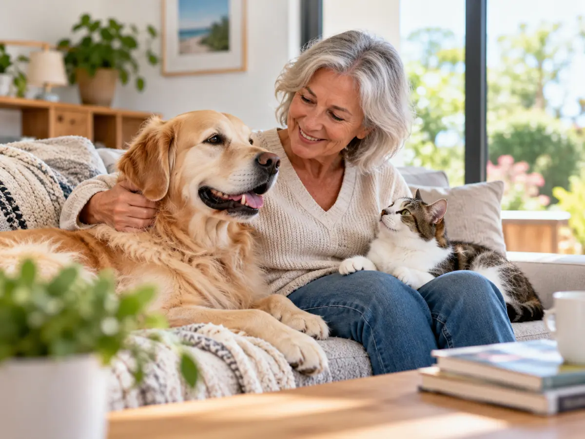 Retraitée prenant soin d'un chien et d'un chat dans un salon